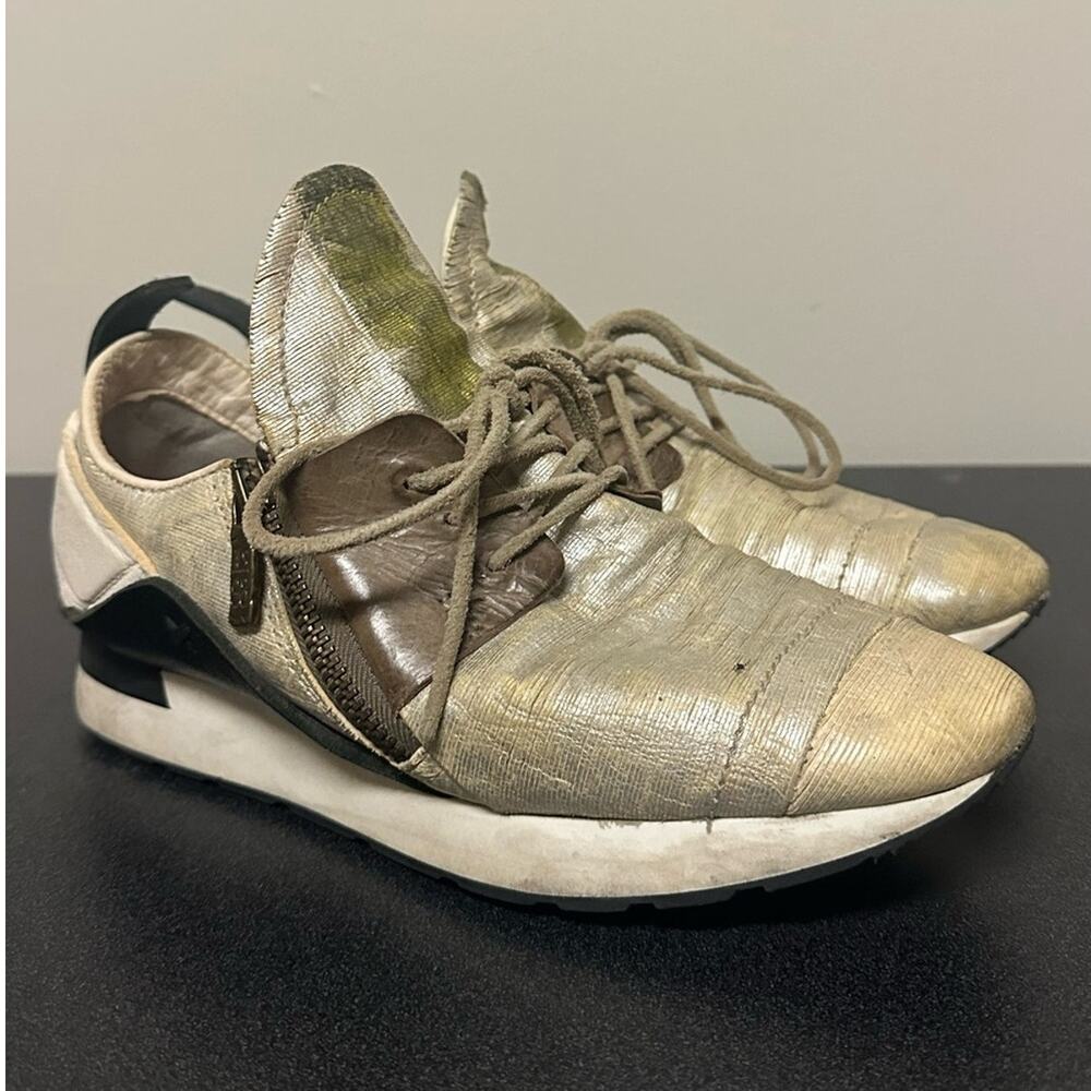 A.S.98 Lace Up Side Zip Leather Sneakers Size 37 6-6.5 Distressed Silver Boho